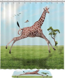 Happy Giraffe Vintage Bathroom Shower Curtain With Microfiber Accents, Machine Washable