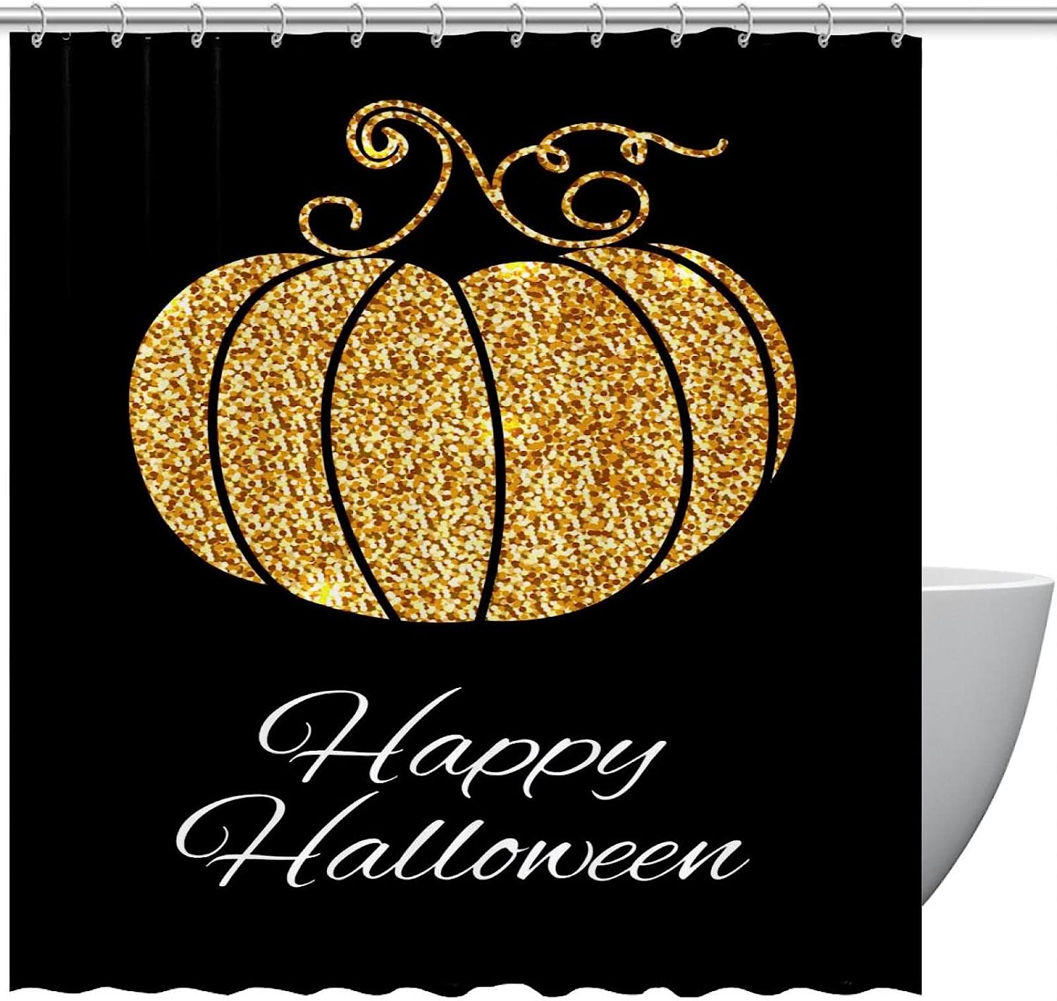 Happy Halloween Gold Pumpkin Fabric Shower Curtain for Bathroom Decor