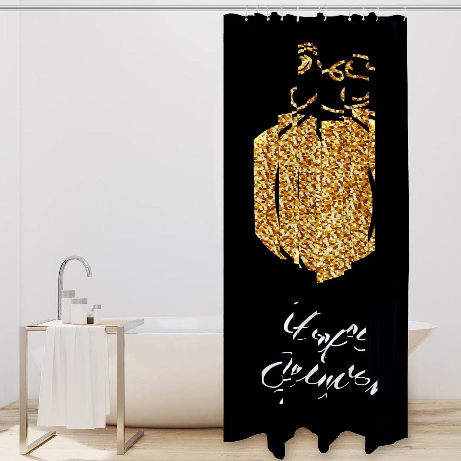 Happy Halloween Gold Pumpkin Fabric Shower Curtain for Bathroom Decor