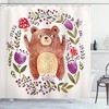 Happy Little Bear Shower Curtain In Frame Of Flowers Mushrooms Wreath Illustration, Purple Green Bathroom Decors