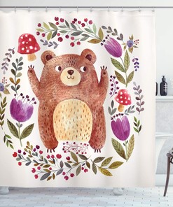 Happy Little Bear Shower Curtain In Frame Of Flowers Mushrooms Wreath Illustration, Purple Green Bathroom Decors