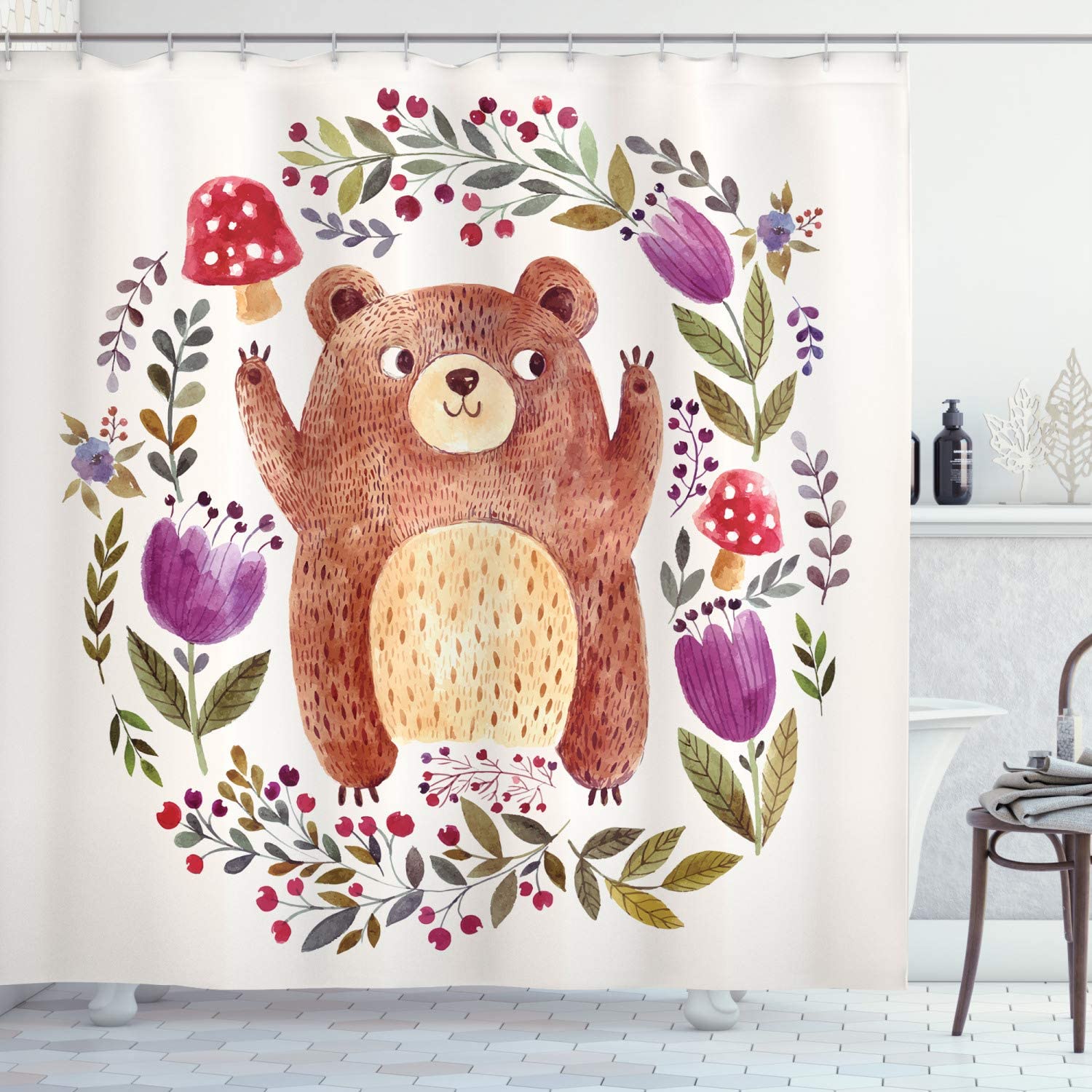 Happy Little Bear Shower Curtain In Frame Of Flowers Mushrooms Wreath Illustration, Purple Green Bathroom Decors