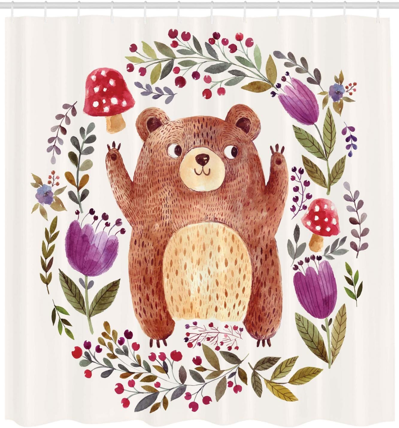 Happy Little Bear Shower Curtain In Frame Of Flowers Mushrooms Wreath Illustration, Purple Green Bathroom Decors - Image 2