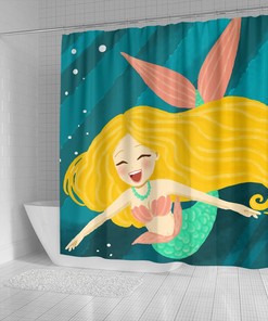 Happy Mermaid Themed Fabric Shower Curtain