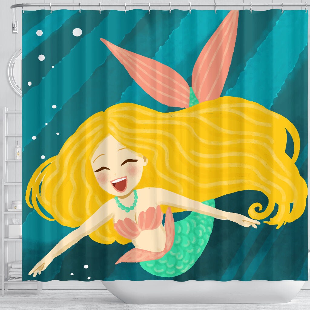 Happy Mermaid Themed Fabric Shower Curtain