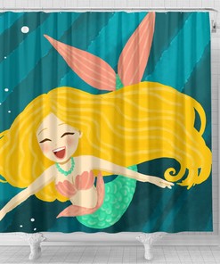 Happy Mermaid Themed Fabric Shower Curtain