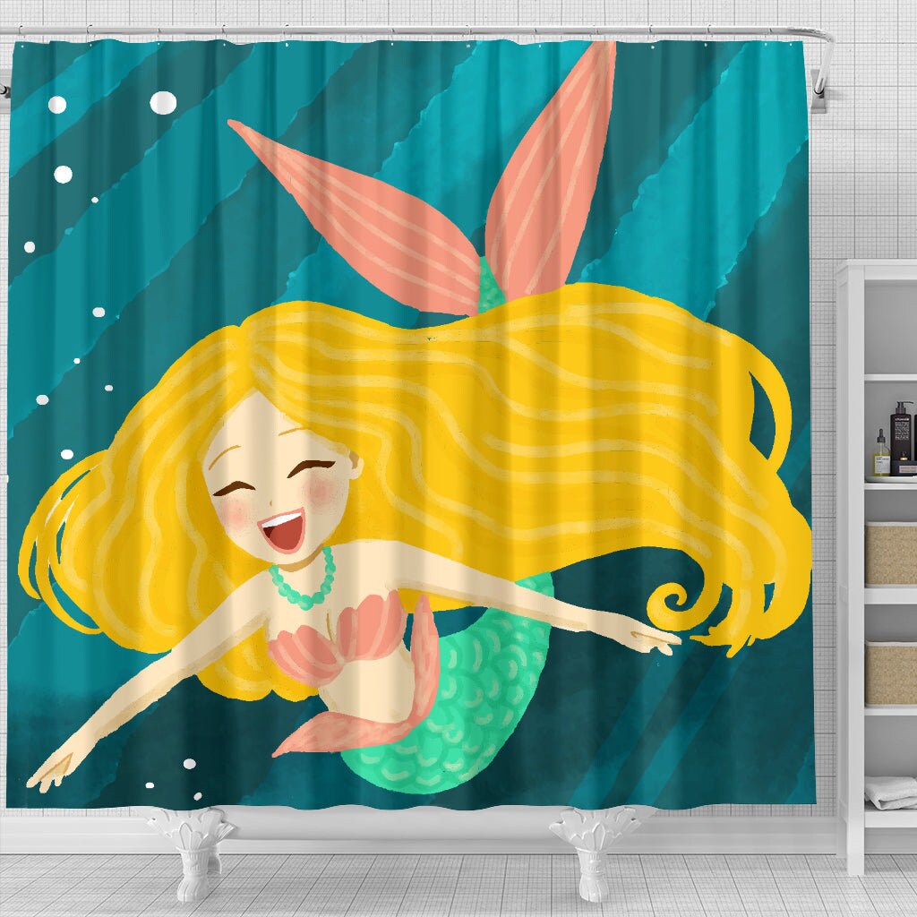 Happy Mermaid Themed Fabric Shower Curtain