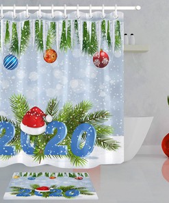 Happy New Year 2020 Baubles and Snowflakes Shower Curtain for Festive Bathroom 