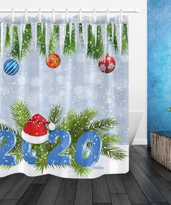 Happy New Year 2020 Baubles and Snowflakes Shower Curtain for Festive Bathroom
