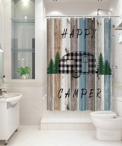 Happy RV Trailer Shower Curtain for Camper with Buffalo Plaid Check Pattern