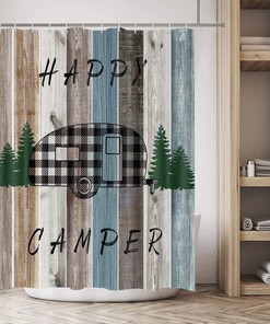 Happy RV Trailer Shower Curtain for Camper with Buffalo Plaid Check Pattern