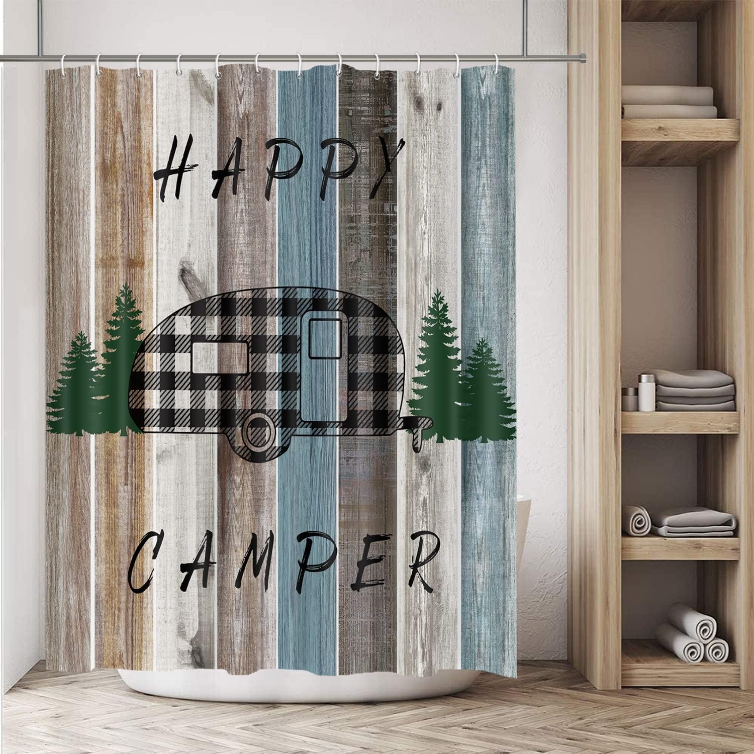 Happy RV Trailer Shower Curtain for Camper with Buffalo Plaid Check Pattern