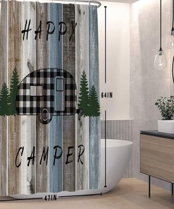 Happy RV Trailer Shower Curtain for Camper with Buffalo Plaid Check Pattern