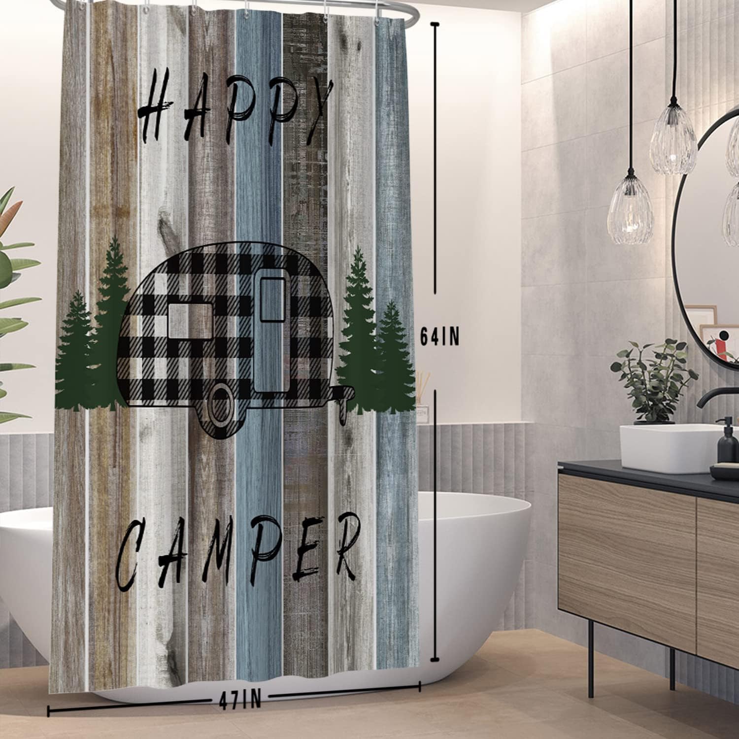 Happy RV Trailer Shower Curtain for Camper with Buffalo Plaid Check Pattern