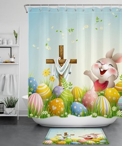 Happy Rabbit Easter Eggs Spring Floral Shower Curtain for Bathroom 