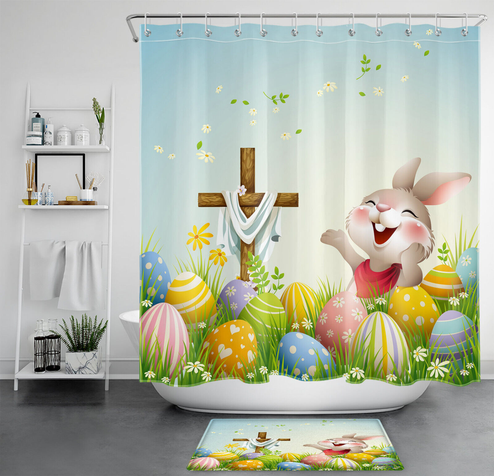 Happy Rabbit Easter Eggs Spring Floral Shower Curtain for Bathroom
