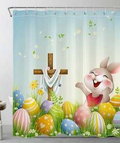 Happy Rabbit Easter Eggs Spring Floral Shower Curtain for Bathroom