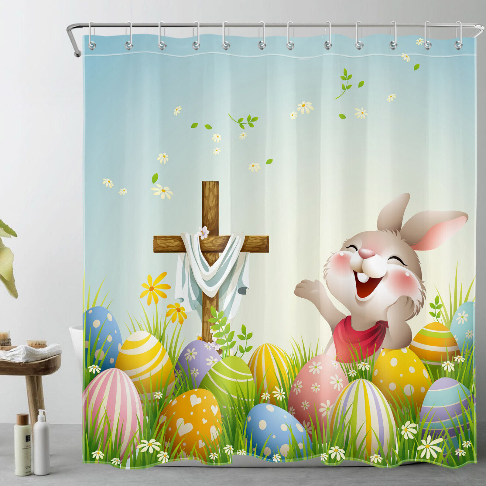 Happy Rabbit Easter Eggs Spring Floral Shower Curtain for Bathroom
