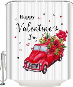 Happy Valentine'S Day Red Truck With Roses Bathroom Curtains Decor Fabric For Showers And Bathtubs
