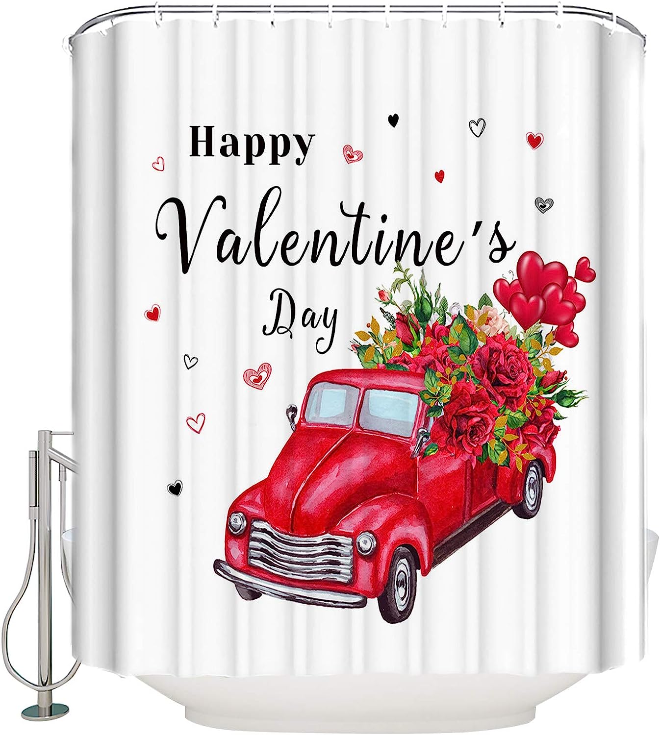 Happy Valentine'S Day Red Truck With Roses Bathroom Curtains Decor Fabric For Showers And Bathtubs
