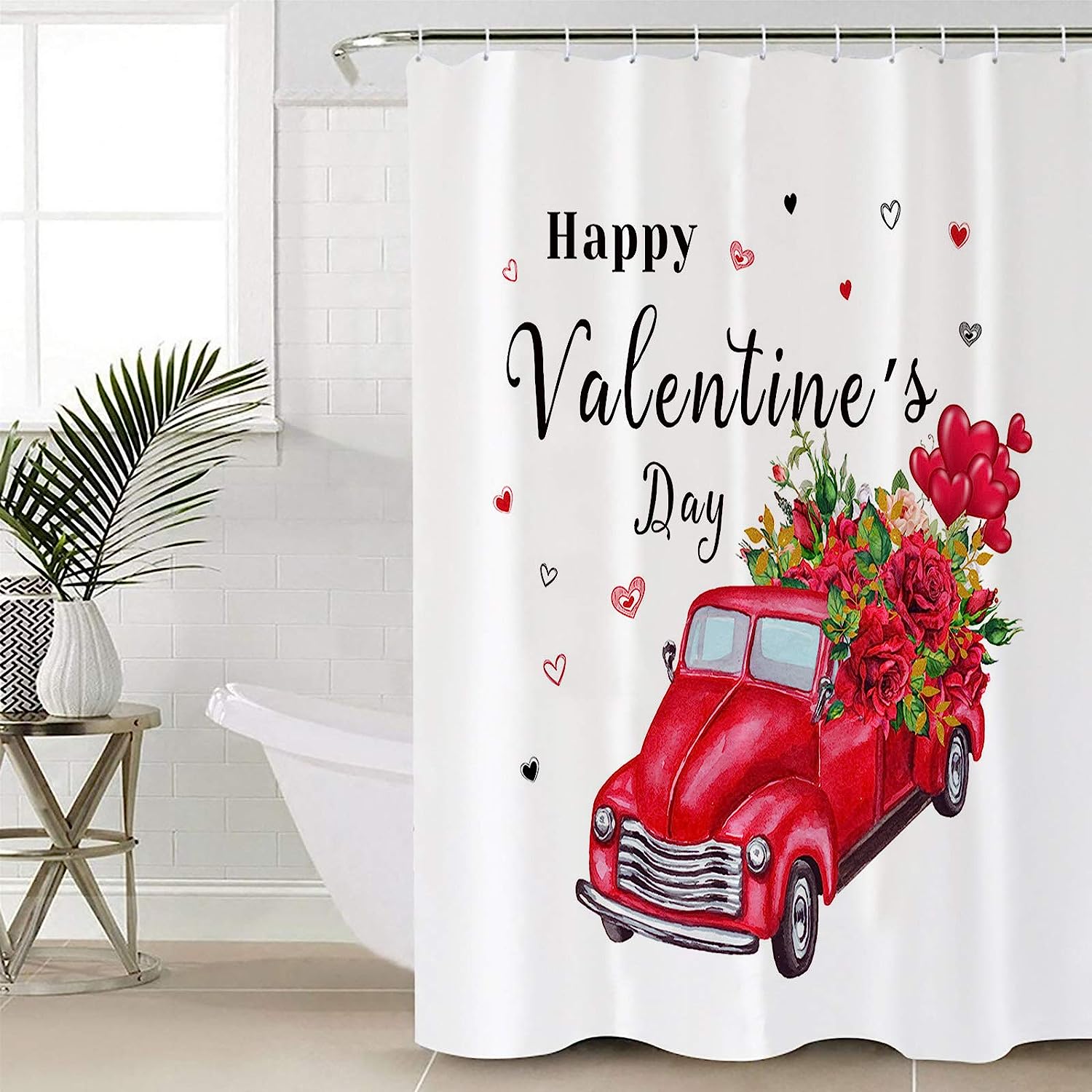Happy Valentine'S Day Red Truck With Roses Bathroom Curtains Decor Fabric For Showers And Bathtubs - Image 2