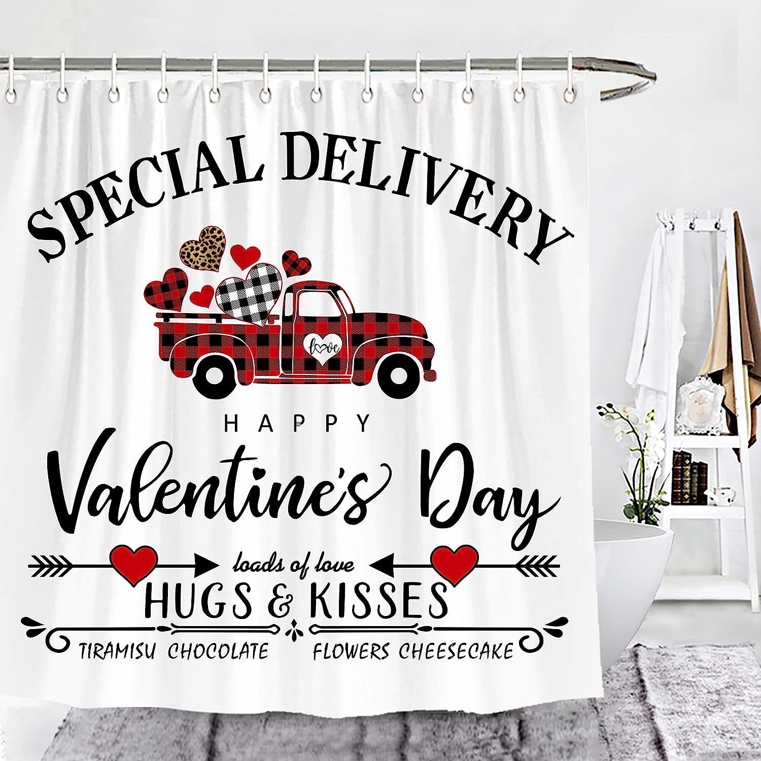 Happy Valentine's Day Heart Truck Shower Curtain - Love Themed Bathroom Decor by Wencal with Luxury Shower Curtains