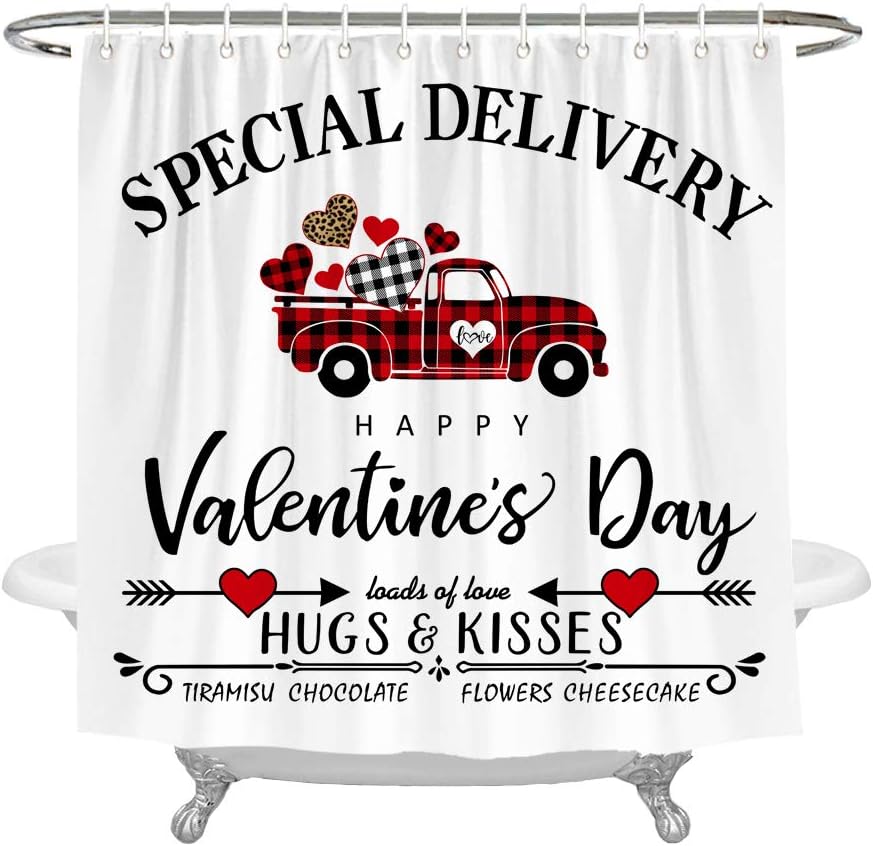 Happy Valentine's Day Heart Truck Shower Curtain - Love Themed Bathroom Decor by Wencal with Luxury Shower Curtains