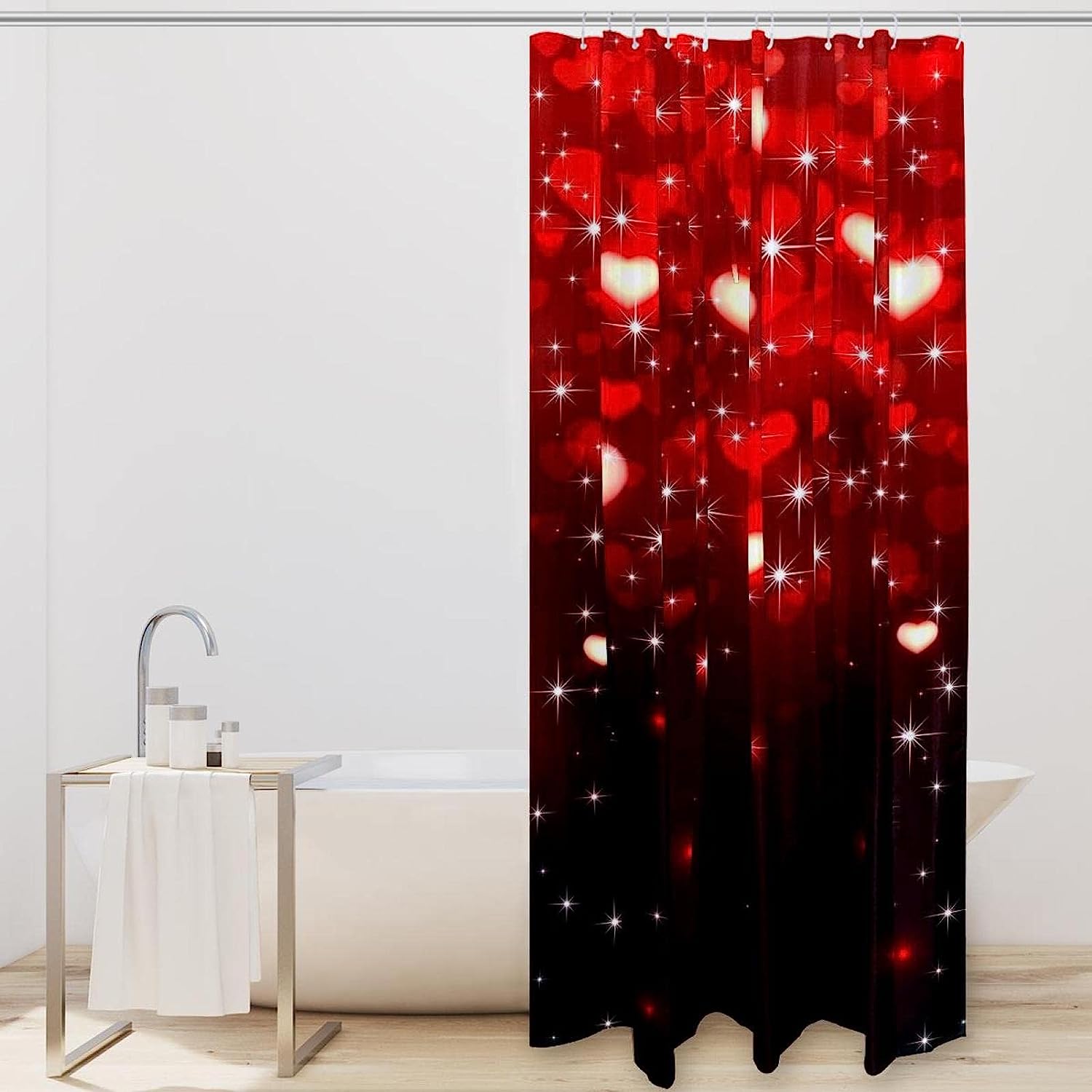 Happy Valentines Day Snowflake Print Fabric Shower Curtain for Romantic Winter Bathroom