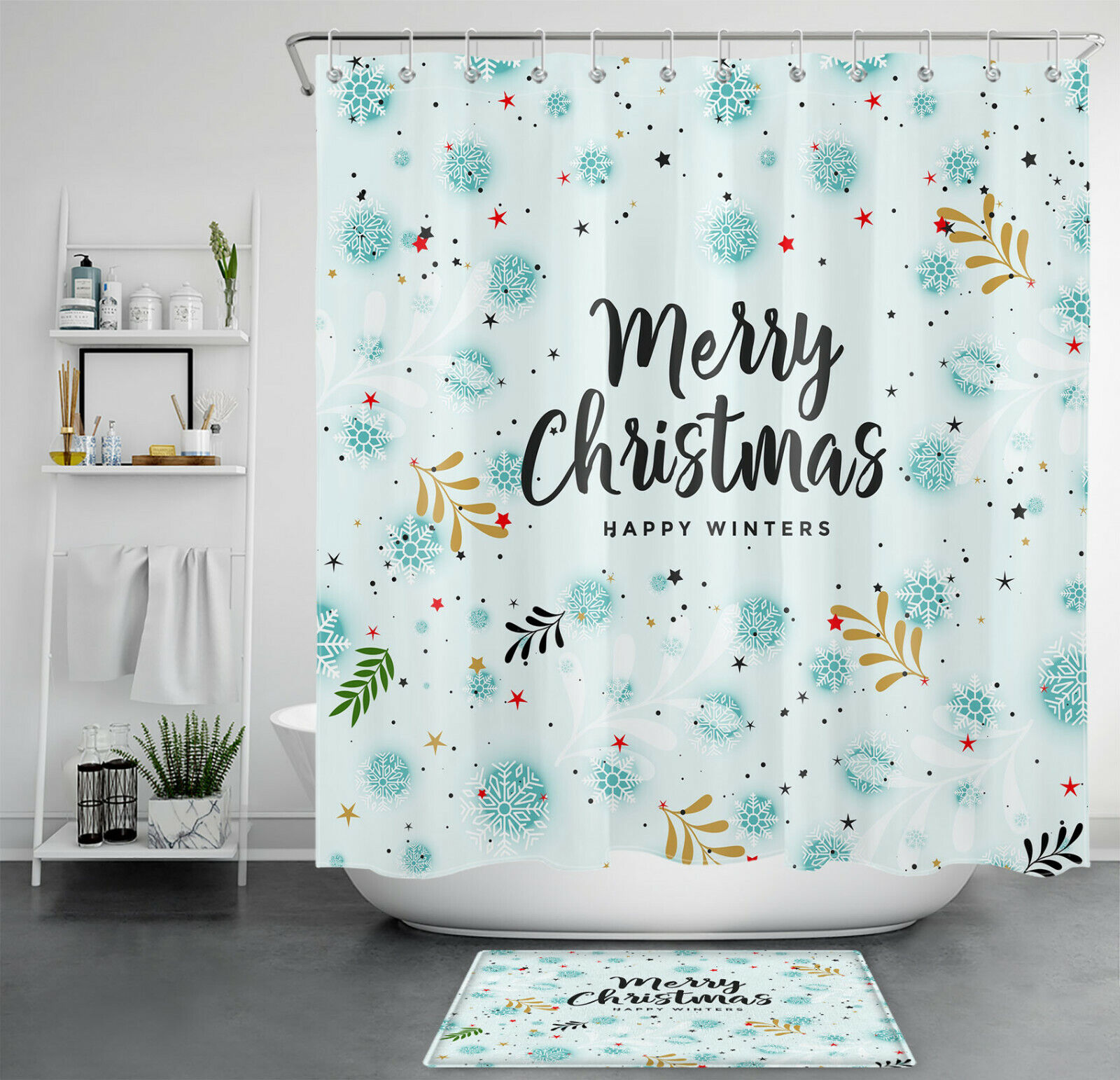 Happy Winter Leaves Snowflake Christmas Shower Curtain - Modern Rustic Bathroom Decor