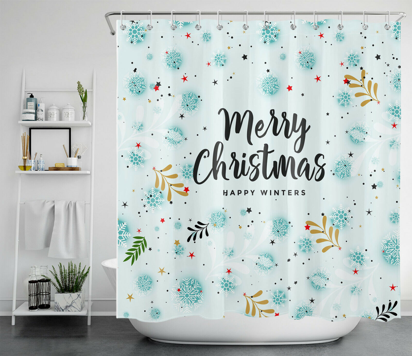 Happy Winter Leaves Snowflake Christmas Shower Curtain - Modern Rustic Bathroom Decor