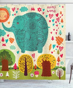 Happy World Trees Leaves Elephant Shower Curtain - Cute Kids Bathroom Decor
