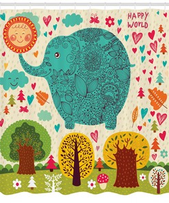 Happy World Trees Leaves Elephant Shower Curtain - Cute Kids Bathroom Decor