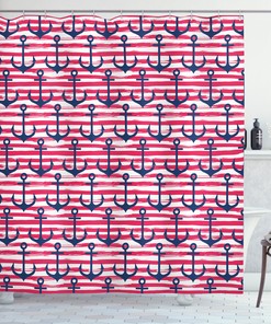 Harbour Stripe Blue Anchor Print Shower Curtain For A Nautical Bathroom