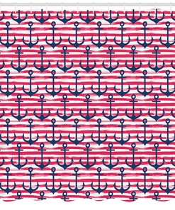 Harbour Stripe Blue Anchor Print Shower Curtain For A Nautical Bathroom