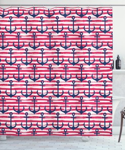 Harbour Stripe Blue Anchor Print Shower Curtain For A Nautical Bathroom