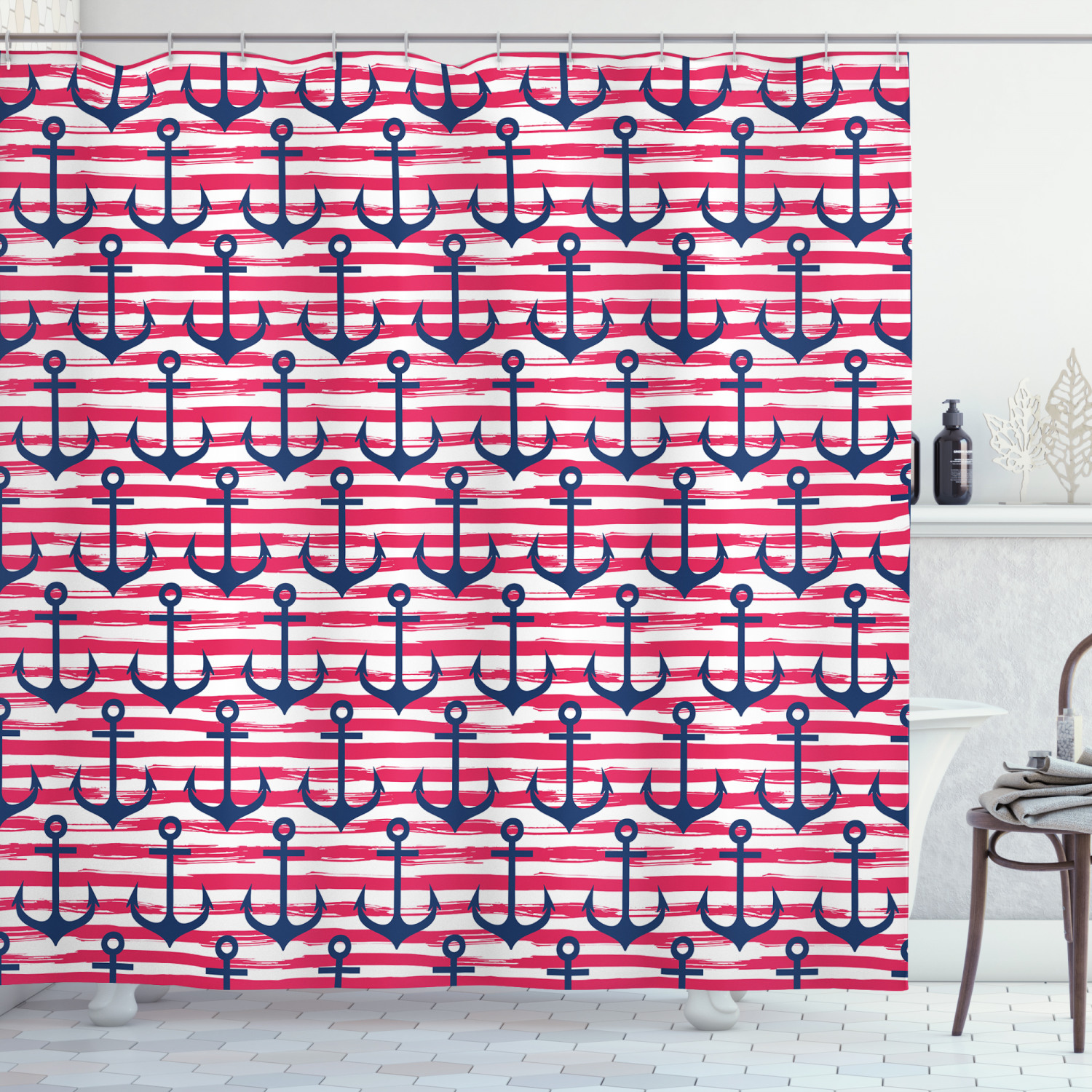 Harbour Stripe Blue Anchor Print Shower Curtain For A Nautical Bathroom