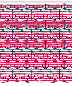 Harbour Stripe Blue Anchor Print Shower Curtain For A Nautical Bathroom