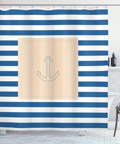 Harbour Stripe Maritime Anchor Print Shower Curtain For A Nautical Bathroom