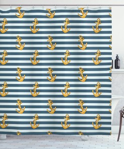Harbour Stripe Vintage Anchors Print Shower Curtain For A Nautical Bathroom