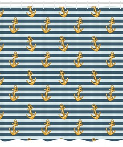 Harbour Stripe Vintage Anchors Print Shower Curtain For A Nautical Bathroom