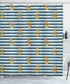 Harbour Stripe Vintage Anchors Print Shower Curtain For A Nautical Bathroom