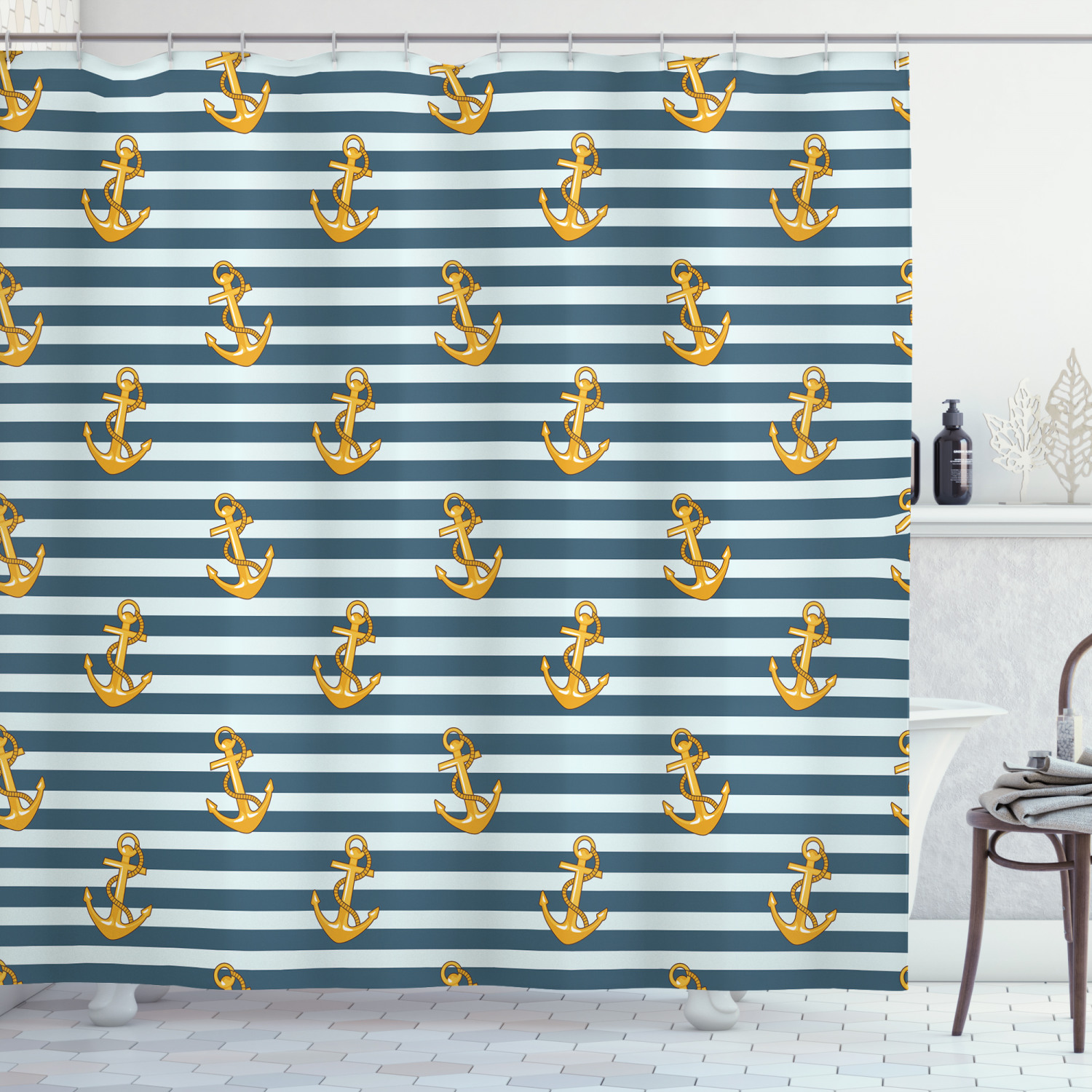 Harbour Stripe Vintage Anchors Print Shower Curtain For A Nautical Bathroom