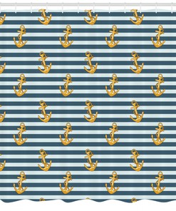 Harbour Stripe Vintage Anchors Print Shower Curtain For A Nautical Bathroom