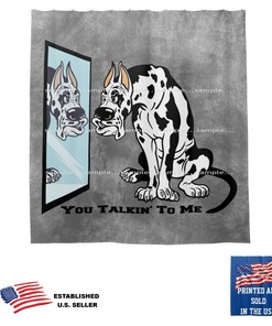Harlequin Great Dane Dog At Mirror Cartoon Gray Shower Curtain For A Playful Bathroom