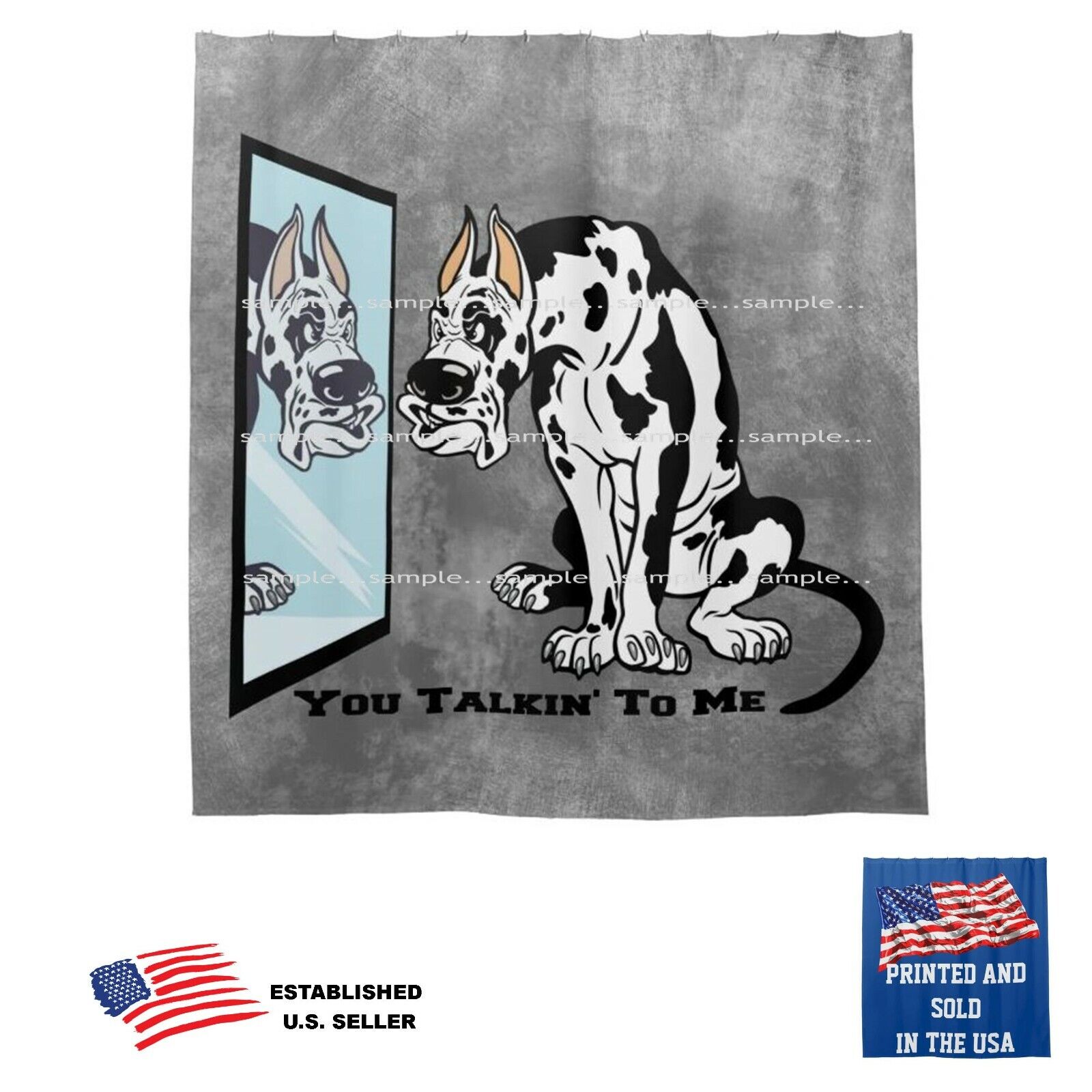Harlequin Great Dane Dog At Mirror Cartoon Gray Shower Curtain For A Playful Bathroom