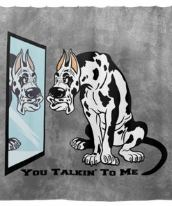 Harlequin Great Dane Dog At Mirror Cartoon Gray Shower Curtain For A Playful Bathroom