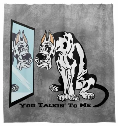 Harlequin Great Dane Dog At Mirror Cartoon Gray Shower Curtain For A Playful Bathroom