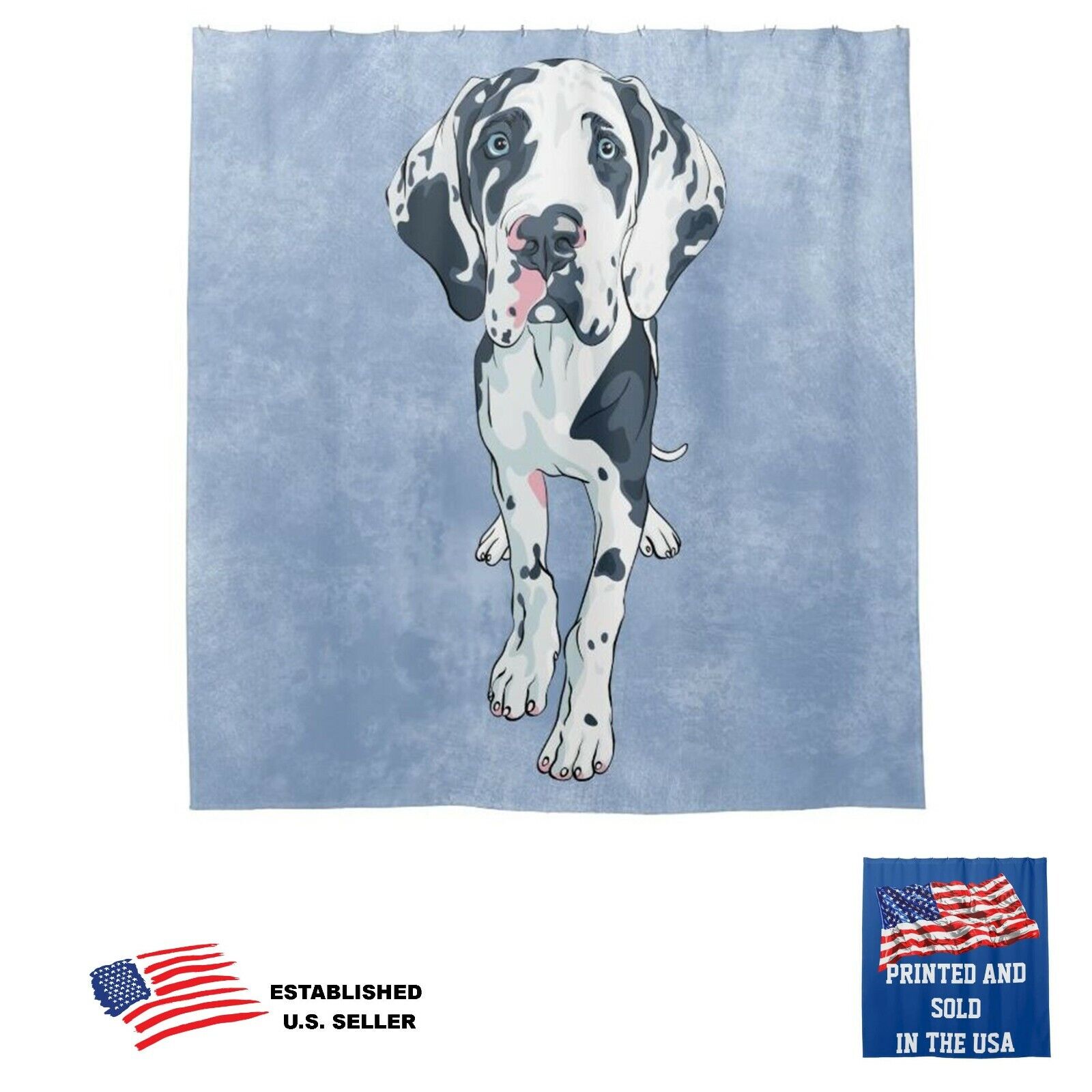 Harlequin Great Dane Puppy Dog Art Blue Shower Curtain For A Dog-Loving Bathroom