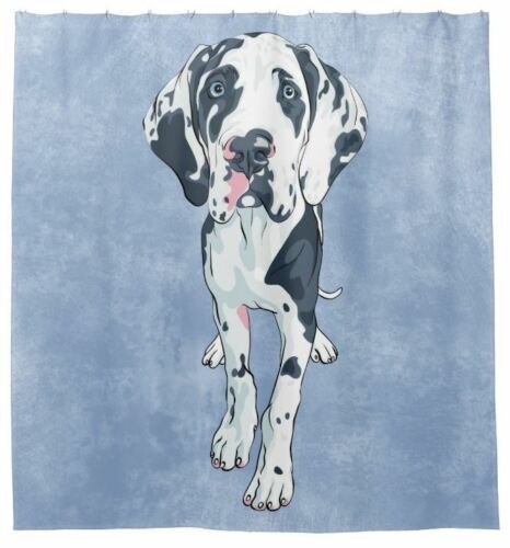 Harlequin Great Dane Puppy Dog Art Blue Shower Curtain For A Dog-Loving Bathroom