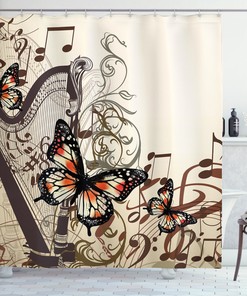 Harp Ornament Butterfly Print Brown Shower Curtain For Bathroom